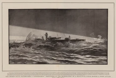 The Recent Naval Manoeuvres, a Torpedo-Boat discovered by the Search-Light of a Man-o